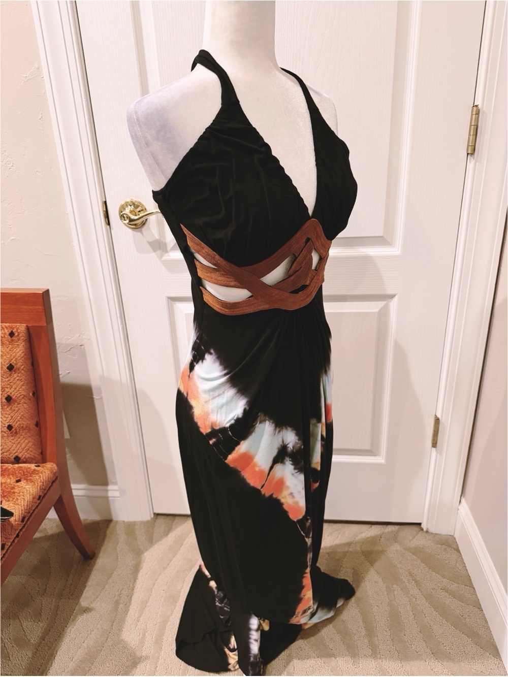 NWT Sky Navy Halter Maxi Dress with Tie-Dye Accents and Suede Cut Outs - Picture 4 of 4